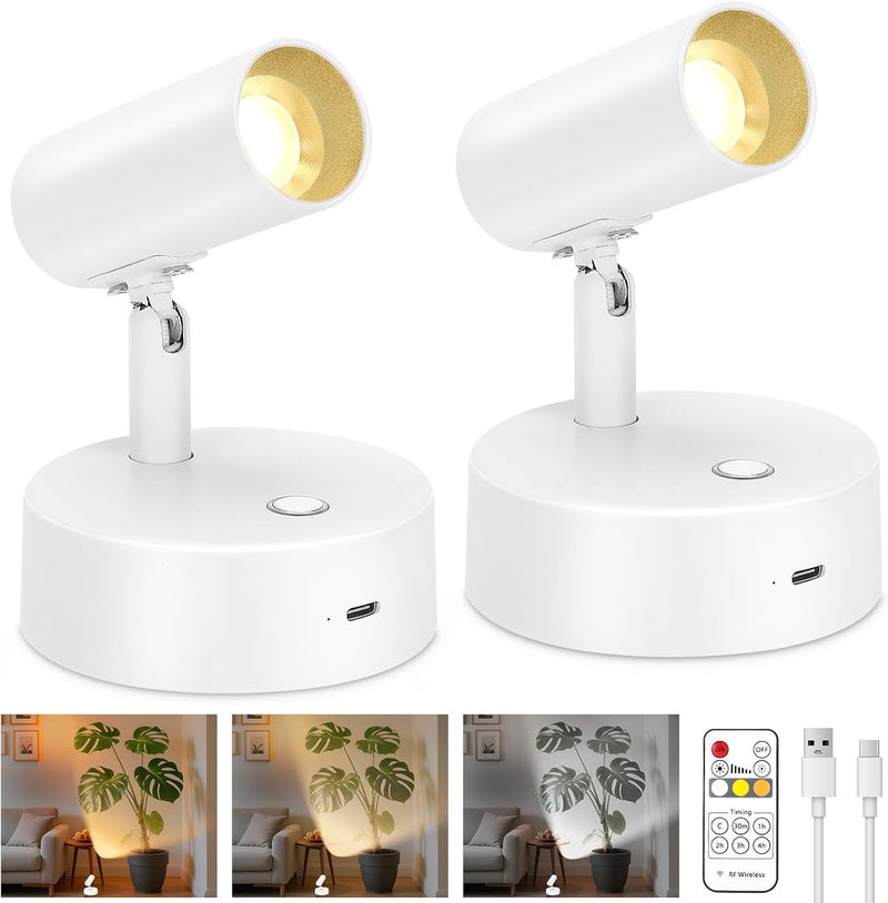 Lightess Spotlights Indoor with Remote, 6000mAh Wireless Spot Lights Indoor LED Uplighting with 3 Color Temperature, Rechargeable Battery Operated Spotlight for Plant Artwork Painting, 2 Pack White - Image 1
